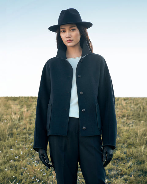 Reversible Cashmere Shirt-Collar Jacket in Taupe, editorial photo