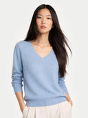 Woman wearing a light blue v-neck sweater on a white background #color_light-blue