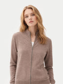 Woman wearing a brown zip-up sweatshirt on a white background  #color_taupe