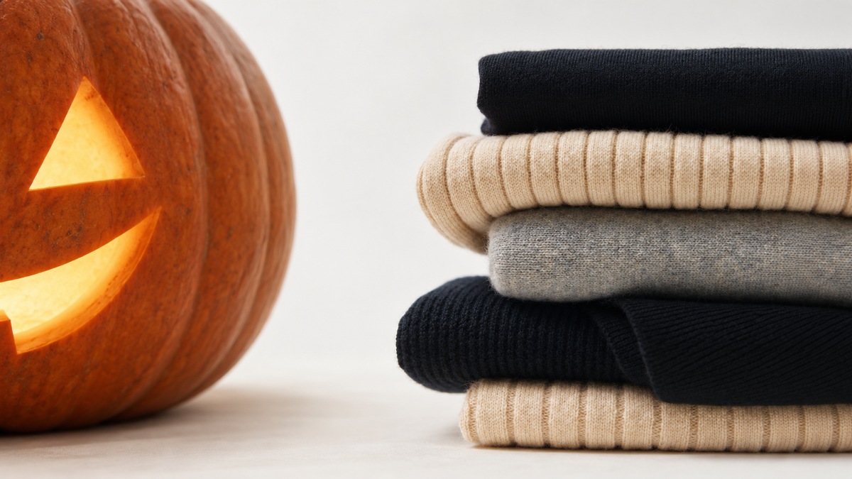 Glowing carved pumpkin beside a stack of folded navy, beige and gray cashmere sweaters