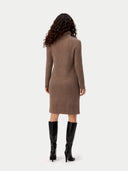 back view of a woman wearing a brown dress and black boots on a white background #color_taupe