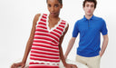 Two people wearing a red and white striped sleeveless dress and a blue polo shirt on a white background. desktop