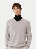 Man wearing a gray sweater over a black turtleneck on a white background #color_dawn-blue