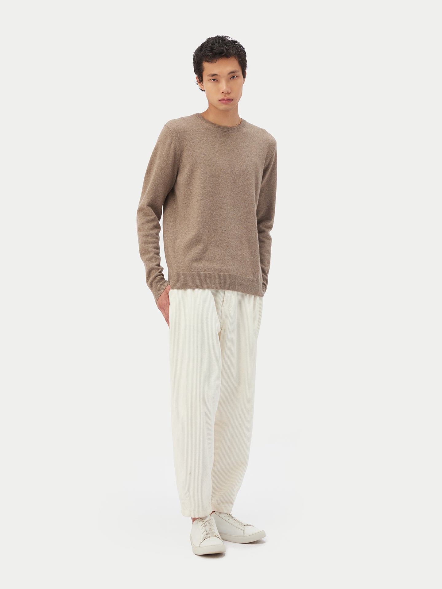 Men' Cashmer Basic Crew Neck Sweater Taupe - Gobi Cashmere