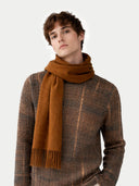 Man wearing a brown plaid sweater and matching scarf on a white background #color_otter