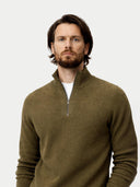 Man wearing a brown half-zip sweater on a white background #color_cub