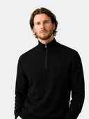 Man wearing a black quarter-zip sweatshirt against a white background  #color_black