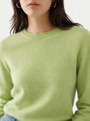 close up of Person wearing a light green sweater on a plain background #color_jade-lime