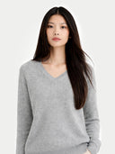 Woman wearing a gray sweater against a white background #color_vapor-blue