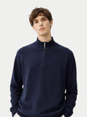 Man wearing a navy blue quarter-zip sweater against a light gray background #color_navy