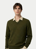 Man wearing a green v-neck sweater over a beige shirt on a white background #color_avocado
