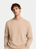 close up front view of Man wearing a beige sweater on a light gray background #color_warm-grey