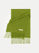 An olive green knit scarf with fringe detailing and a small white brand label reading 'GOBI', displayed on a clean white background.