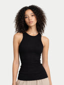  front view of Woman wearing a black sleeveless top against a plain background#color_black