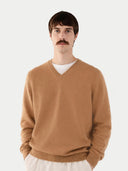 Man wearing a brown sweater over a white shirt on a light gray background #color_sheepskin