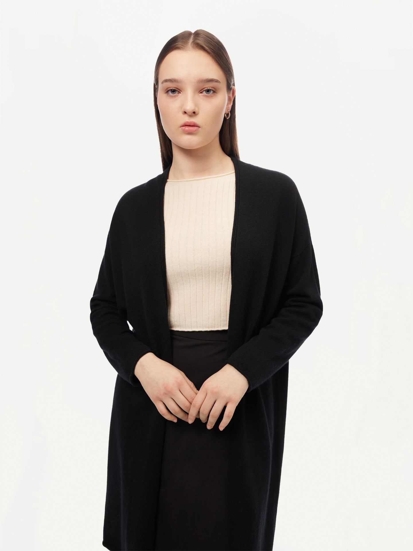 Women's 3D Longline Cardigan Black - Gobi Cashmere 