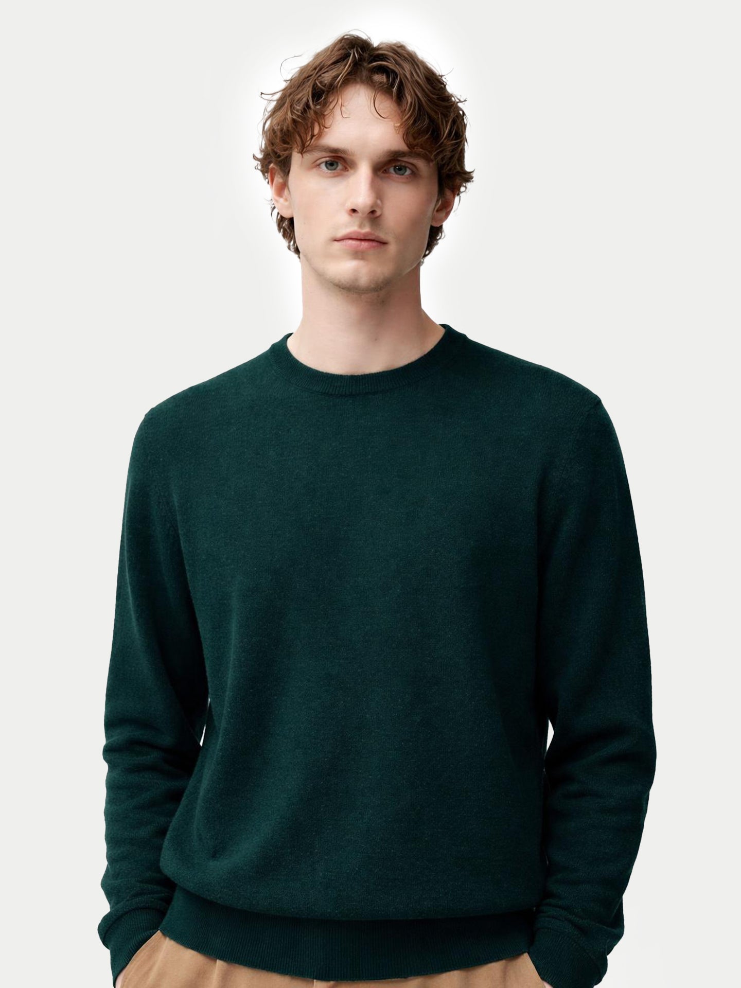 Dark Green Crew Neck Cashmere Sweater for Men | GOBI US