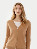 Woman wearing a brown cardigan over a white shirt on a light gray background #color_sheepskin