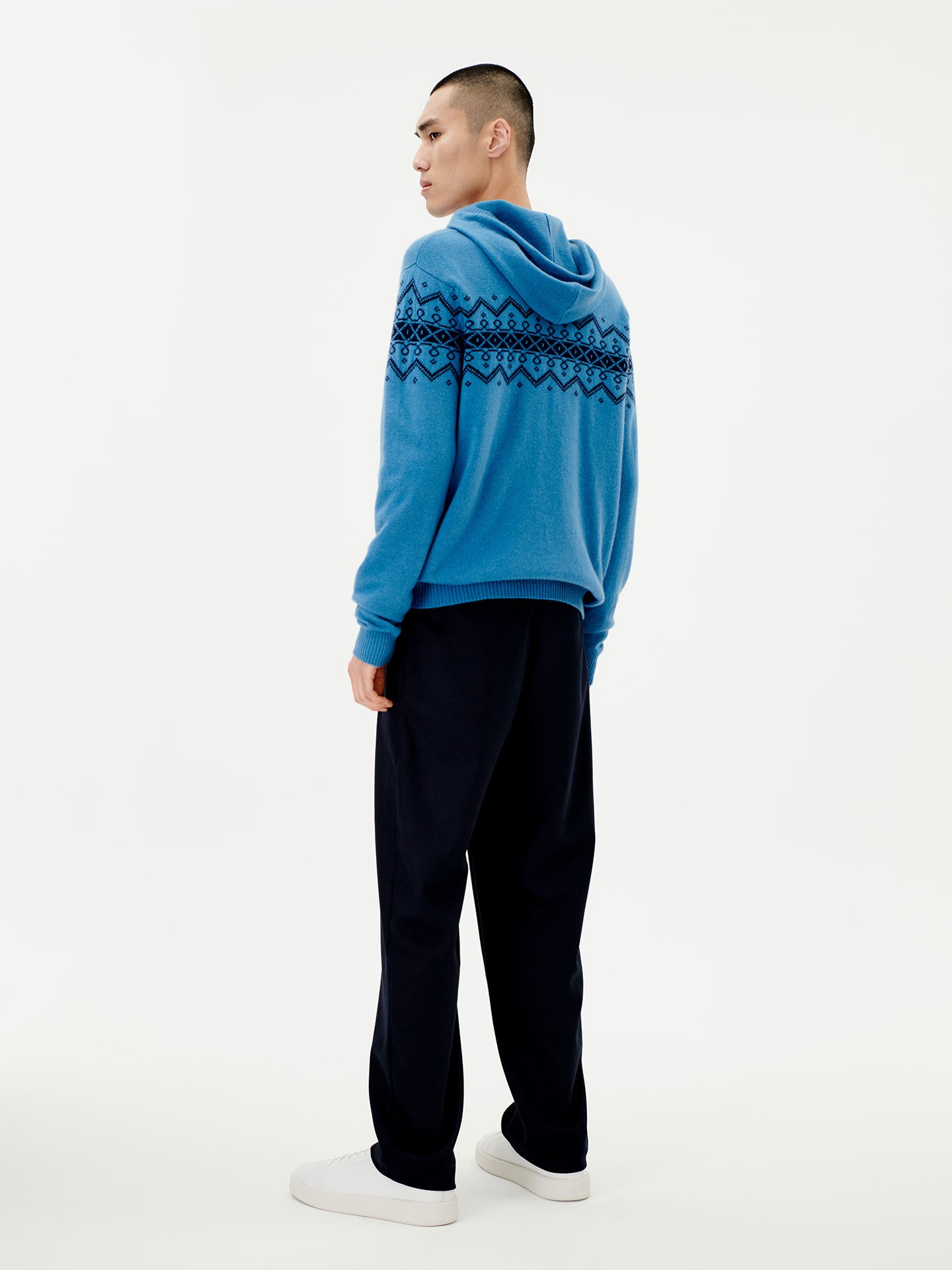 Men's Cashmere Jacquard Pattern Hoodie Blue Heaven - Gobi Cashmere