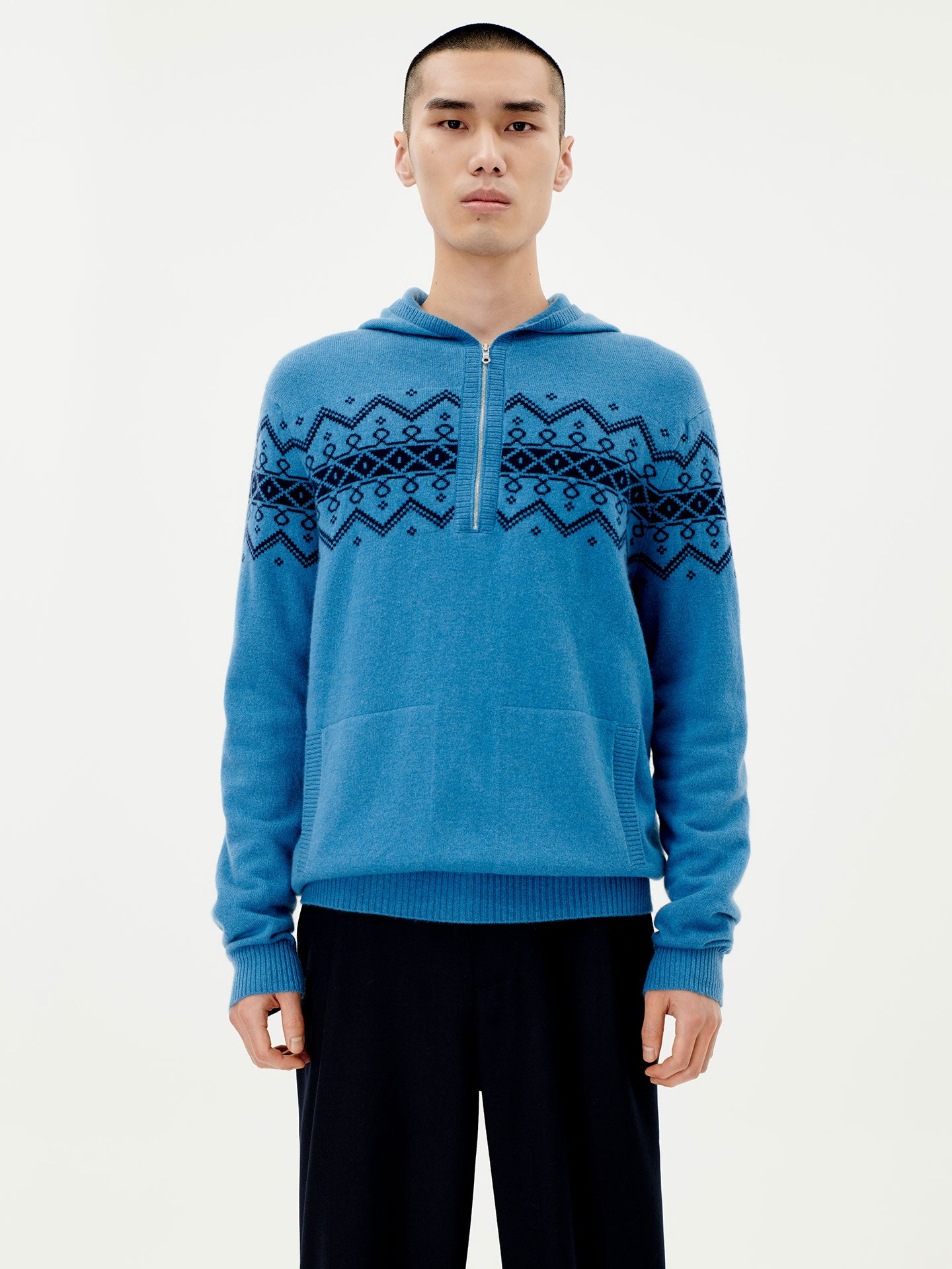 Men's Cashmere Jacquard Pattern Hoodie Blue Heaven - Gobi Cashmere