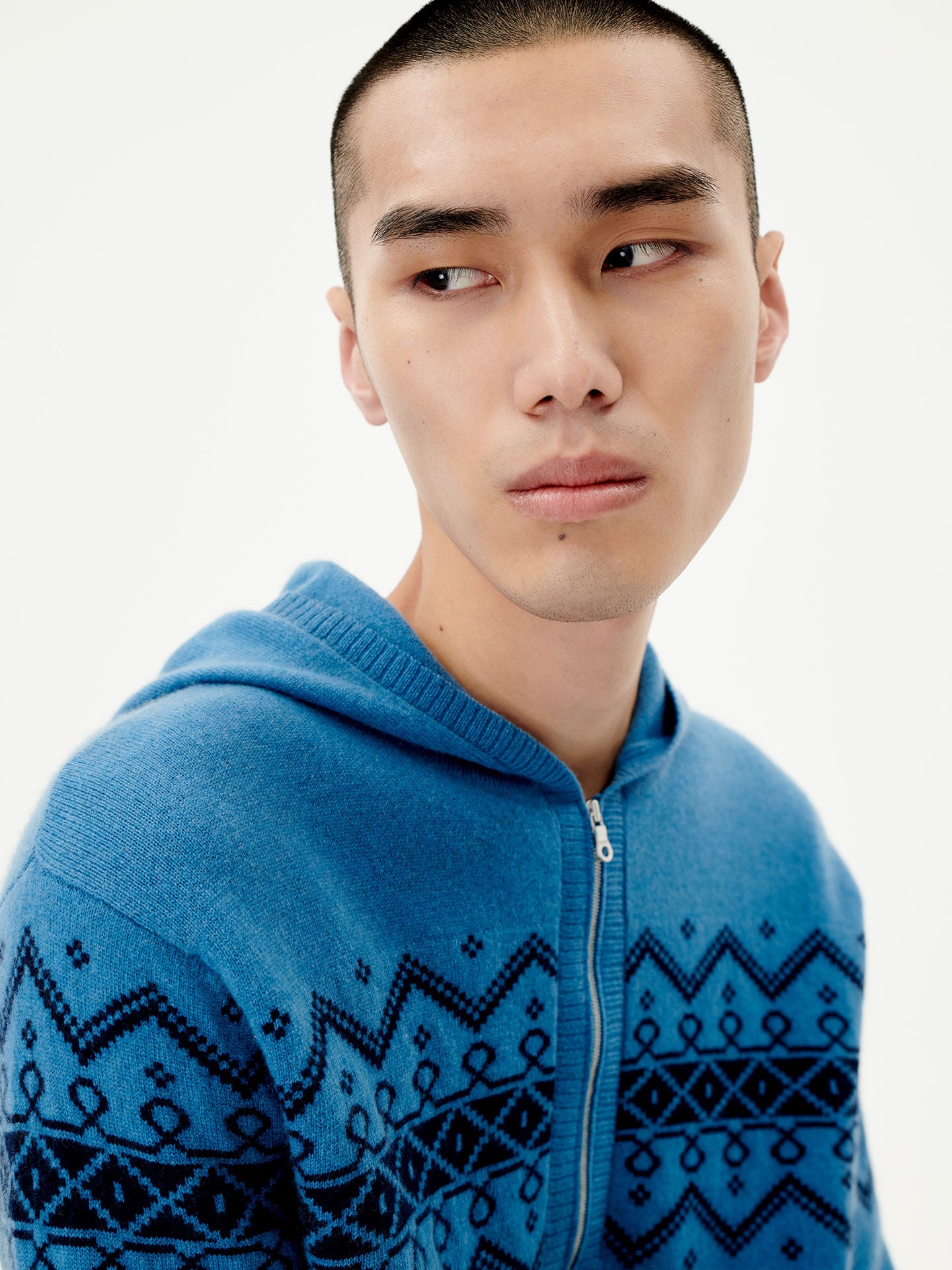 Men's Cashmere Jacquard Pattern Hoodie Blue Heaven - Gobi Cashmere