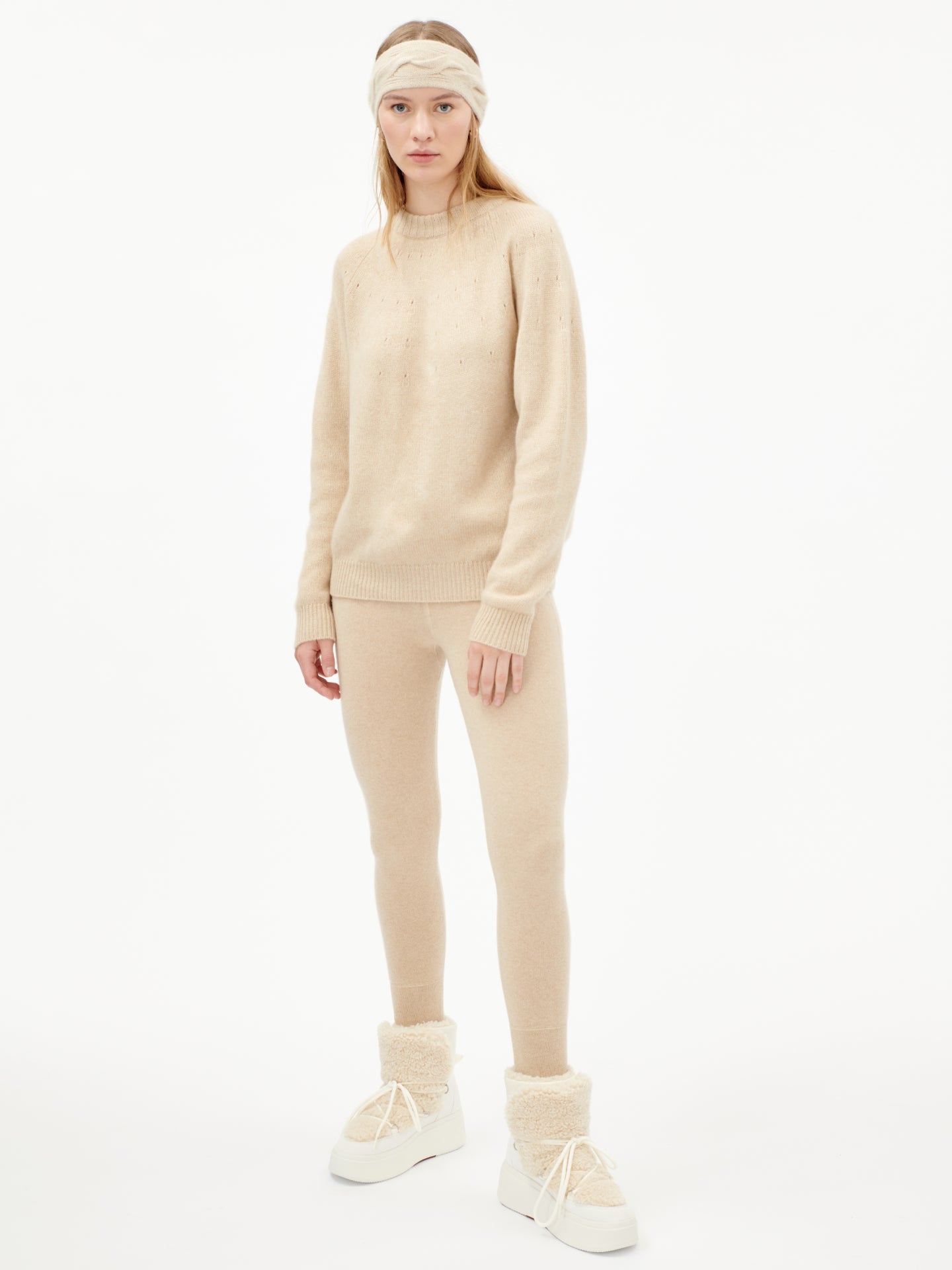 Women's Cashmere Ajour Detailed Crew Neck Beige - Gobi Cashmere