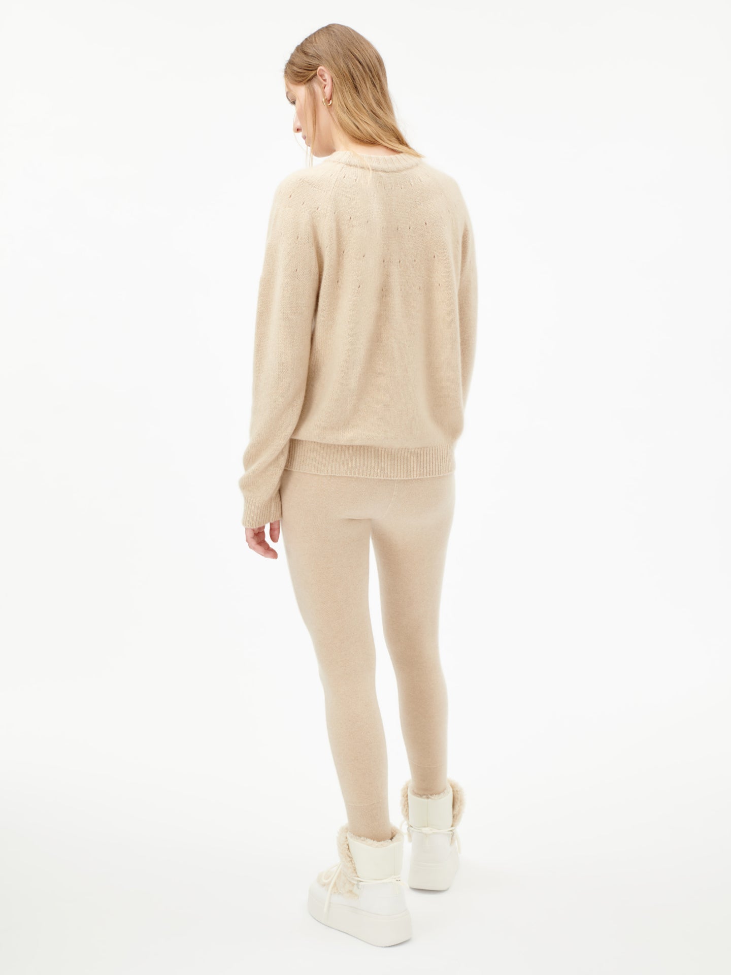 Women's Cashmere Ajour Detailed Crew Neck Beige - Gobi Cashmere