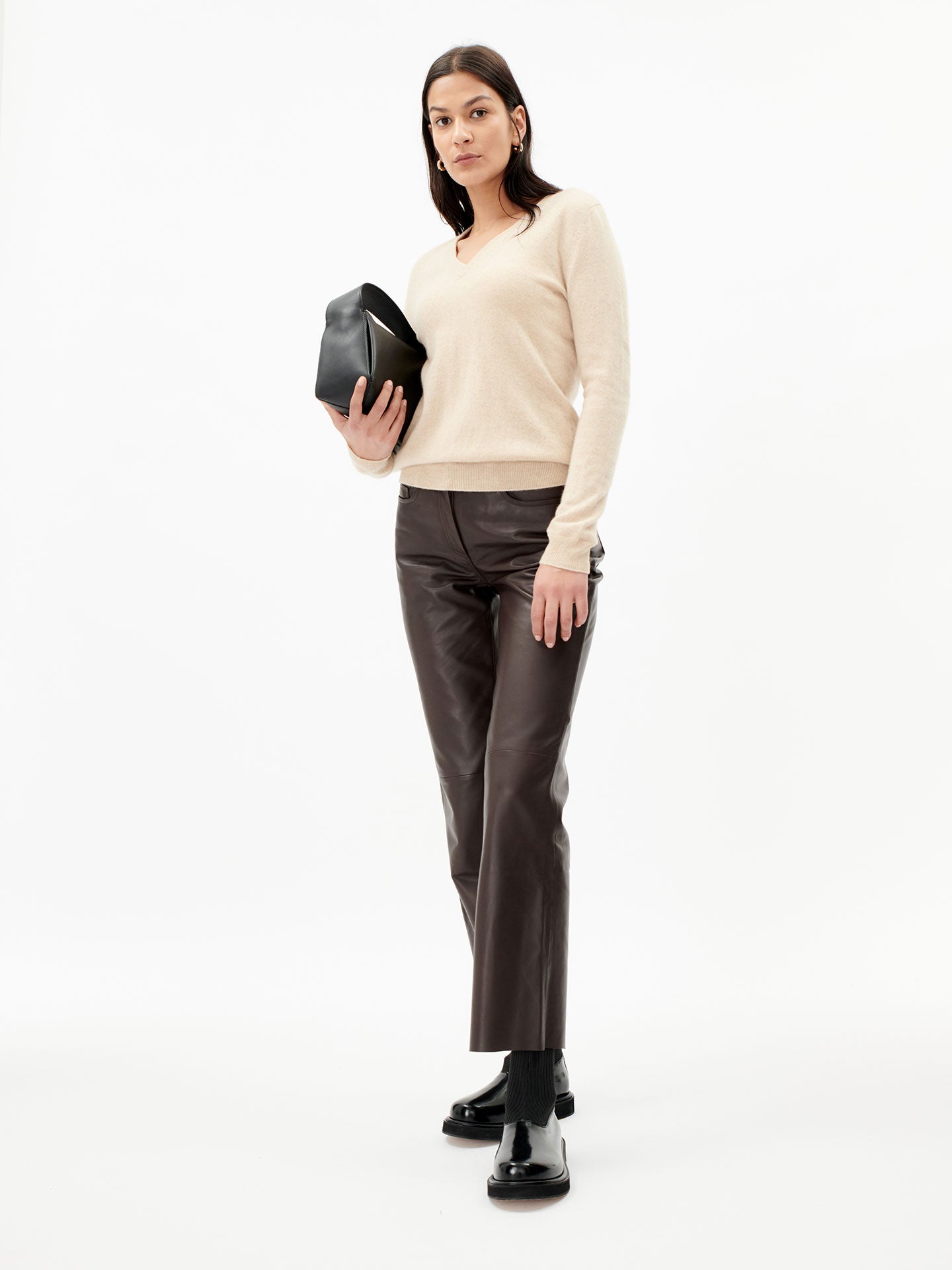 Women's Cashmere Basic V-Neck Sweater Beige - Gobi Cashmere