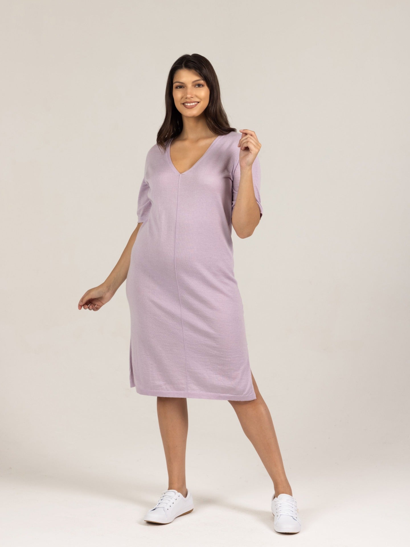 Women's Silk Cashmere Short Sleeve T-Shirt Dress Lavender Frost - Gobi Cashmere