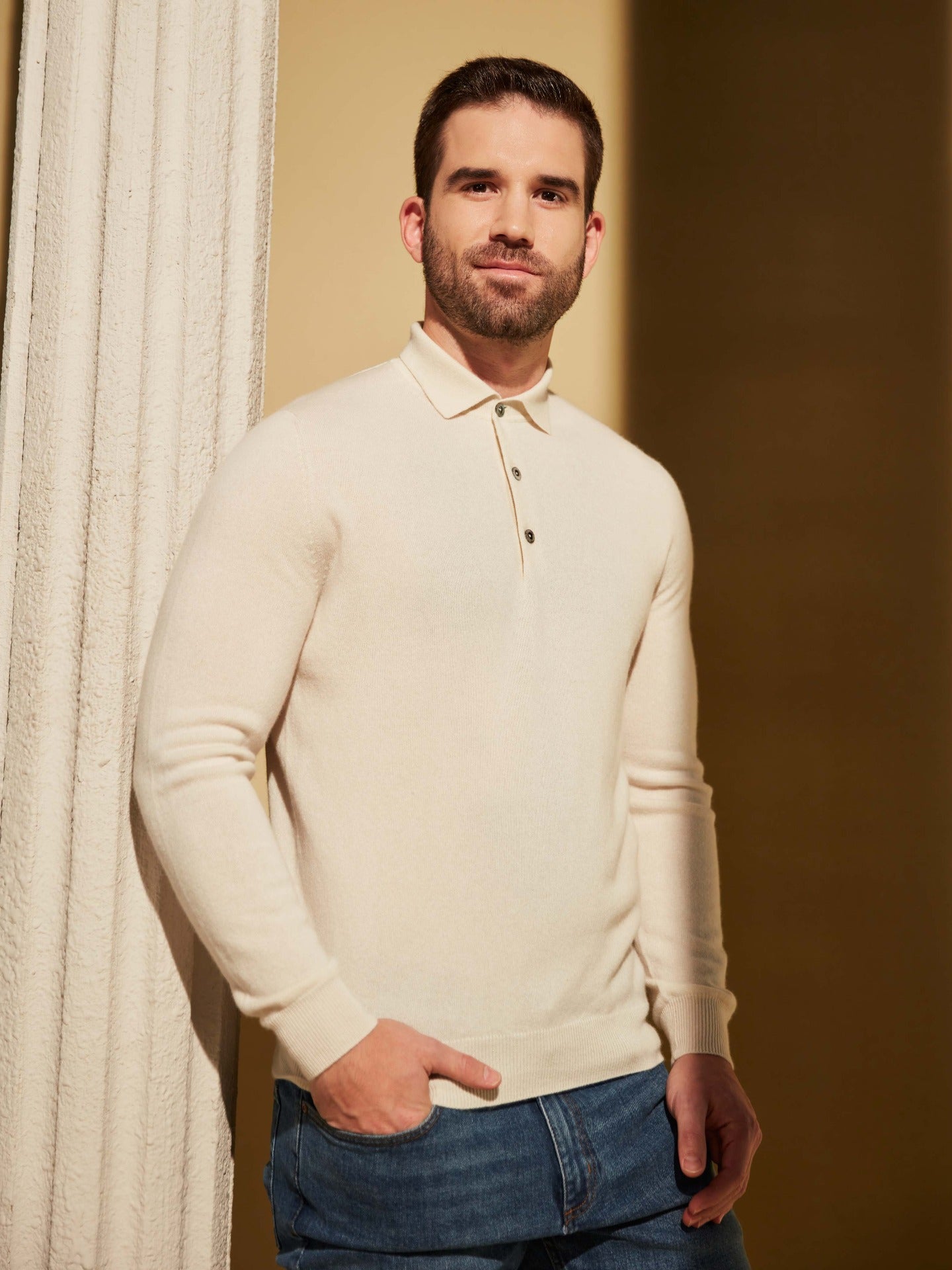 Men's Cashmere Polo Sweater Marshmallow - Gobi Cashmere