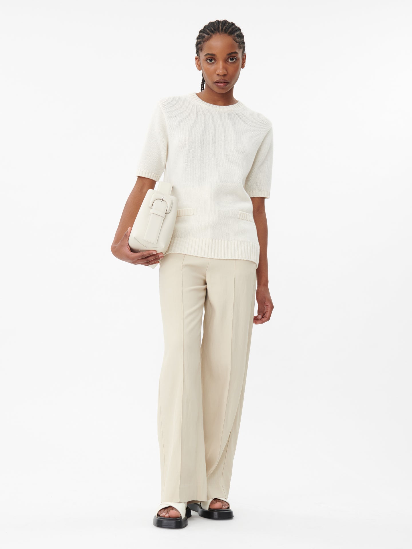 Women's Cashmere C-Neck T-Shirt White - Gobi Cashmere