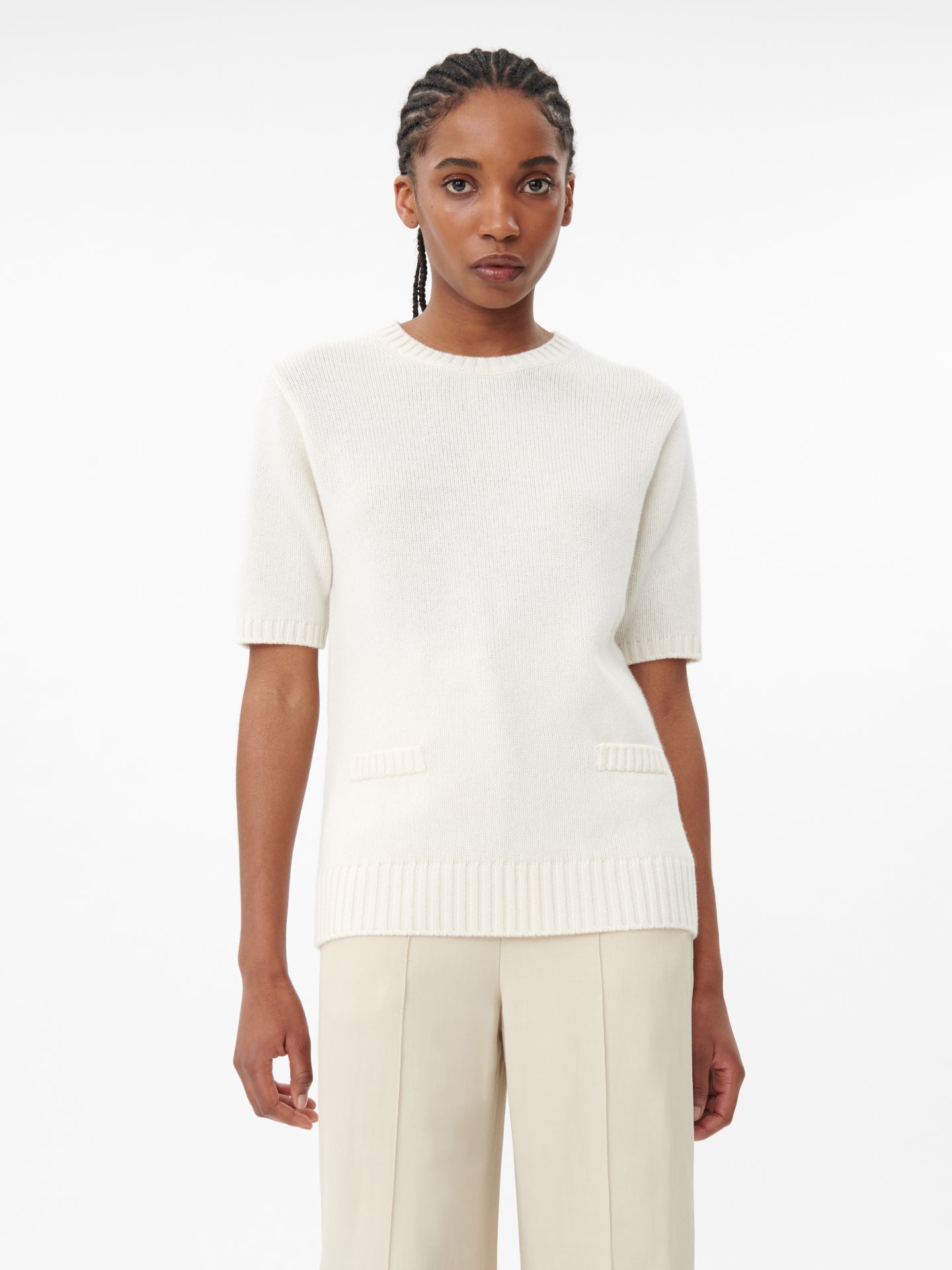 Women's Cashmere C-Neck T-Shirt White - Gobi Cashmere