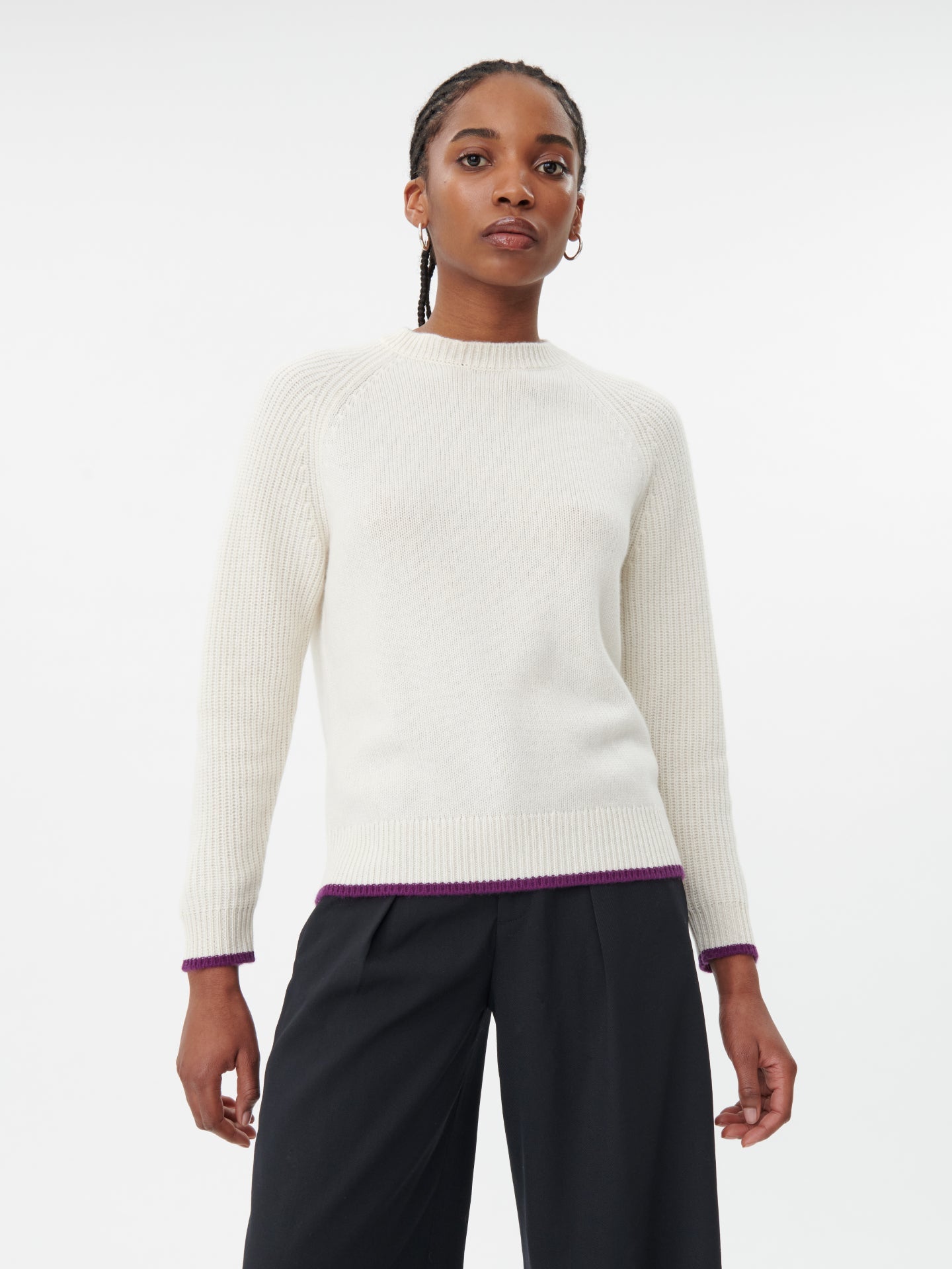 Women's Cashmere Stripe Trim C-Neck Sweater White - Gobi Cashmere