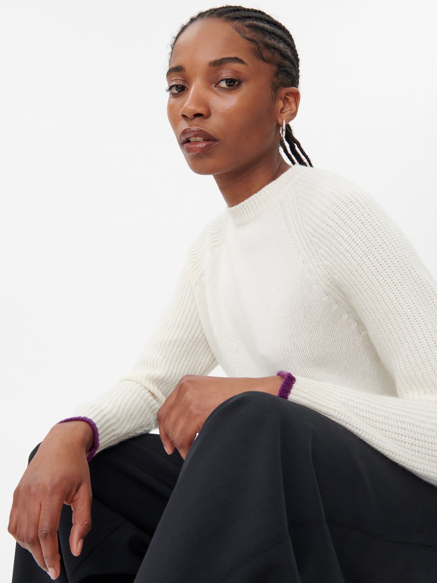 Women's Cashmere Stripe Trim C-Neck Sweater White - Gobi Cashmere