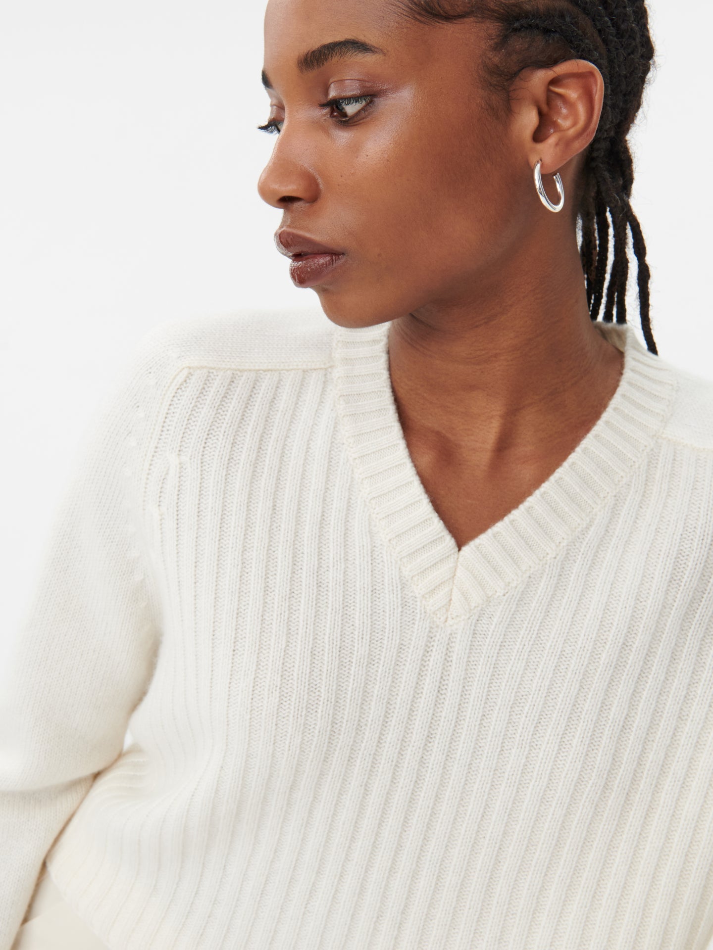 Women's Cashmere Rib Knitted V-Neck Sweater White - Gobi Cashmere