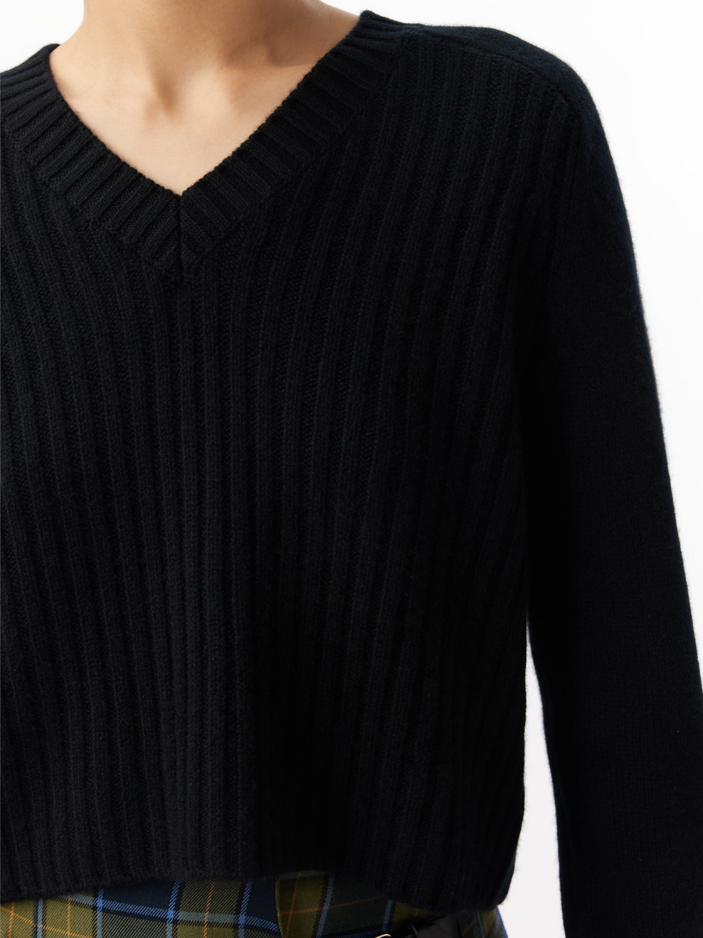 Women's Cashmere Rib Knitted V-Neck Sweater Black - Gobi Cashmere