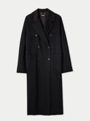 A double breasted long coat with wide notch lapels and sustainably-produced buttons, in black color.  #color_black