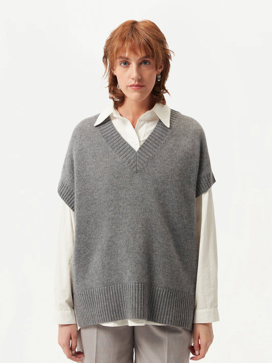 Women's Cashmere V-Neck Sweater with Short Sleeves Dim Gray - Gobi Cashmere