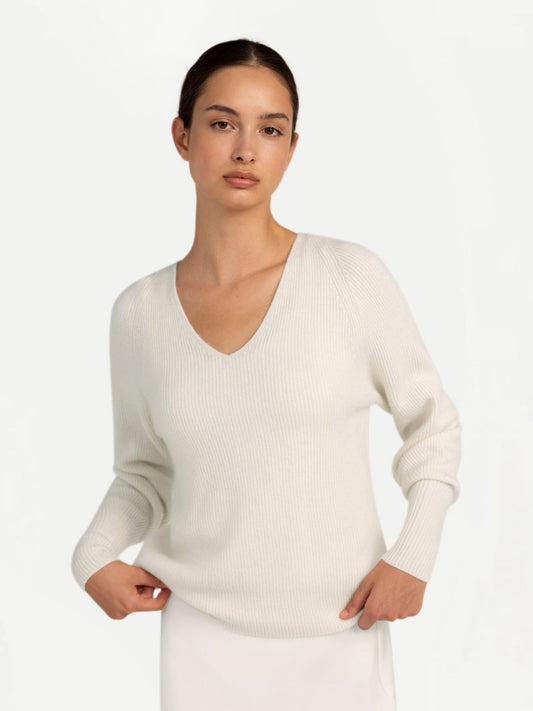 Cashmere bishop-sleeve V-neck sweater Off White - Gobi Cashmere