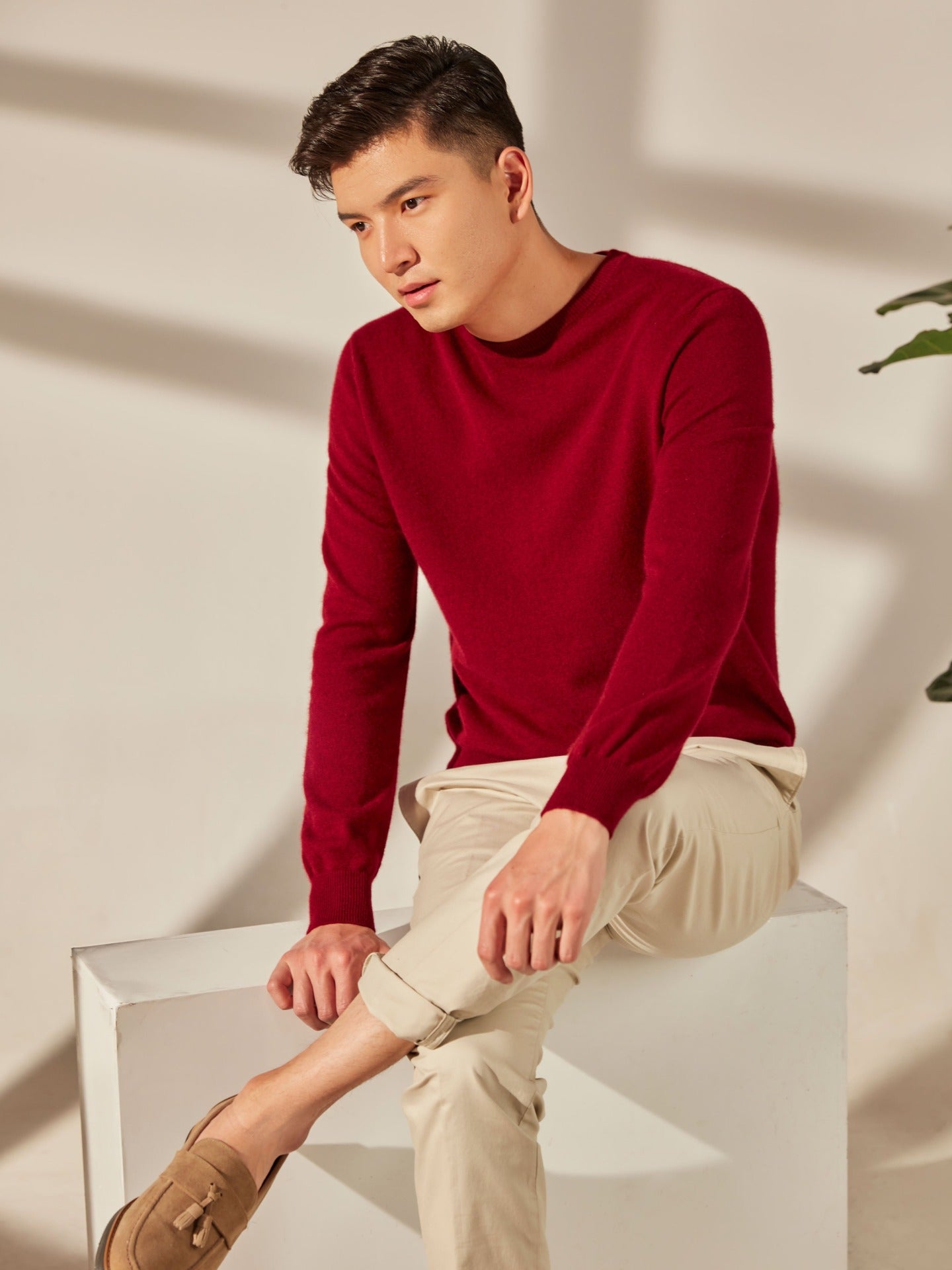 Men's Cashmere Basic Crew Neck Sweater Bordeaux - Gobi Cashmere