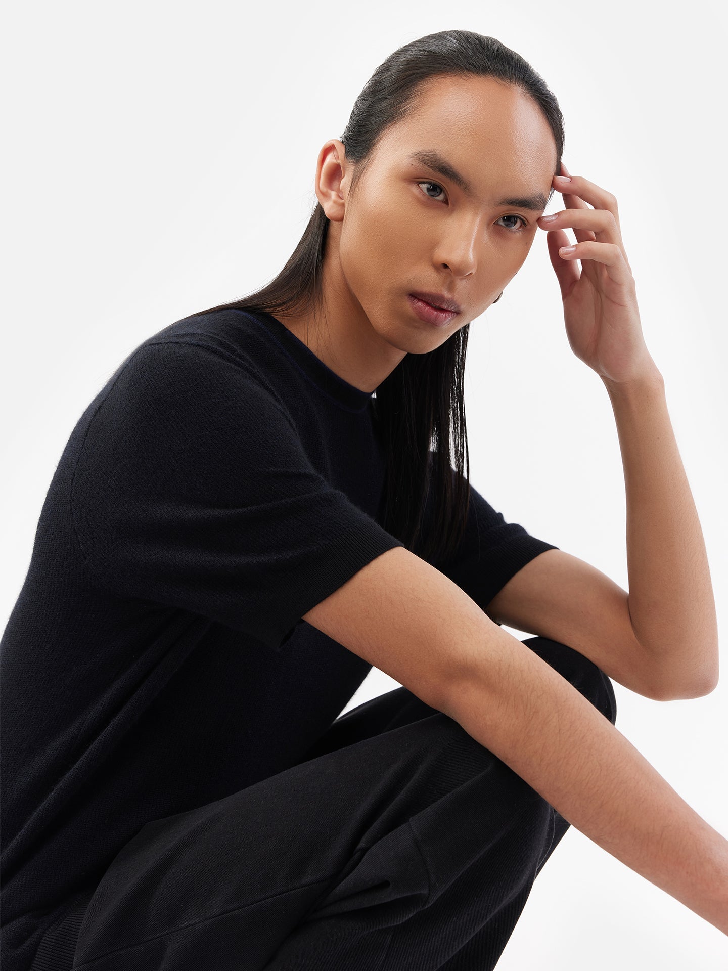 Men's Silk Cashmere Jacquard Knit T-shirt Black - Gobi Cashmere