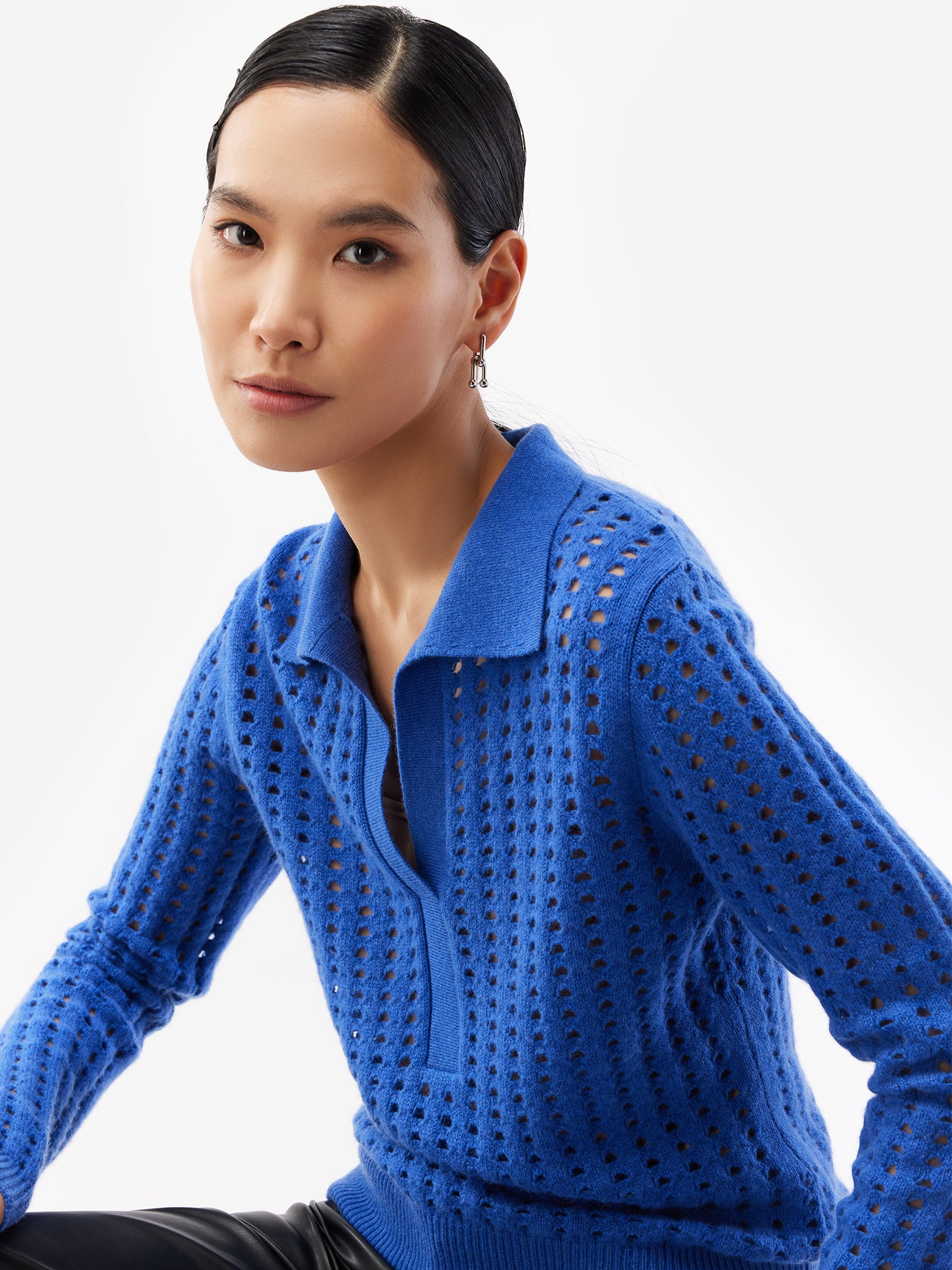 Women's Cashmere Striped Polo Sweater Strong Blue - Gobi Cashmere