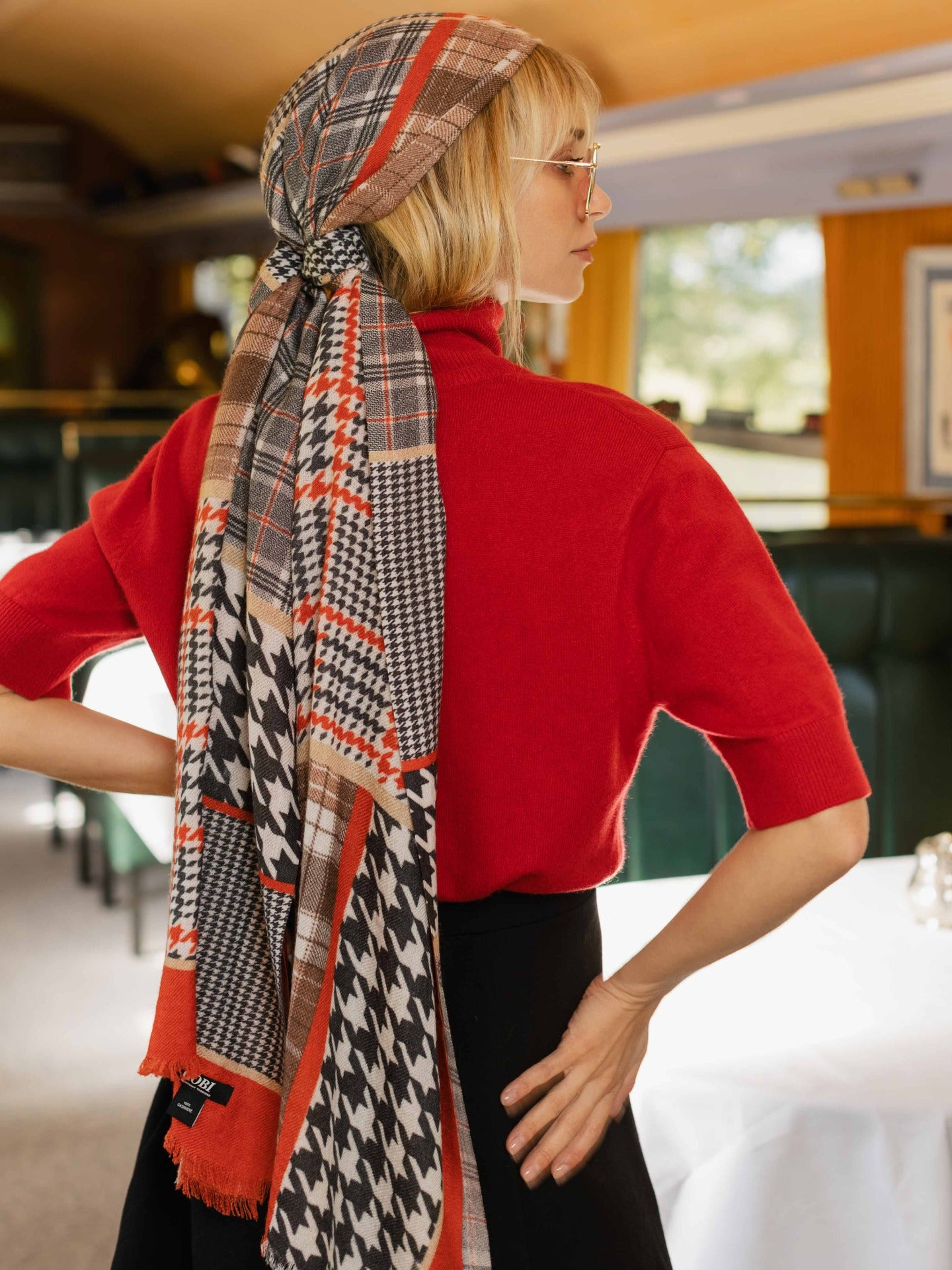 Women's Cashmere Abstract Check Pattern Printed Shawl Red - Gobi Cashmere