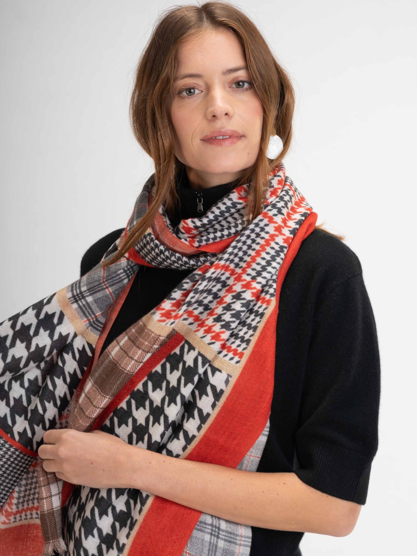 Women's Cashmere Abstract Check Pattern Printed Shawl Red - Gobi Cashmere