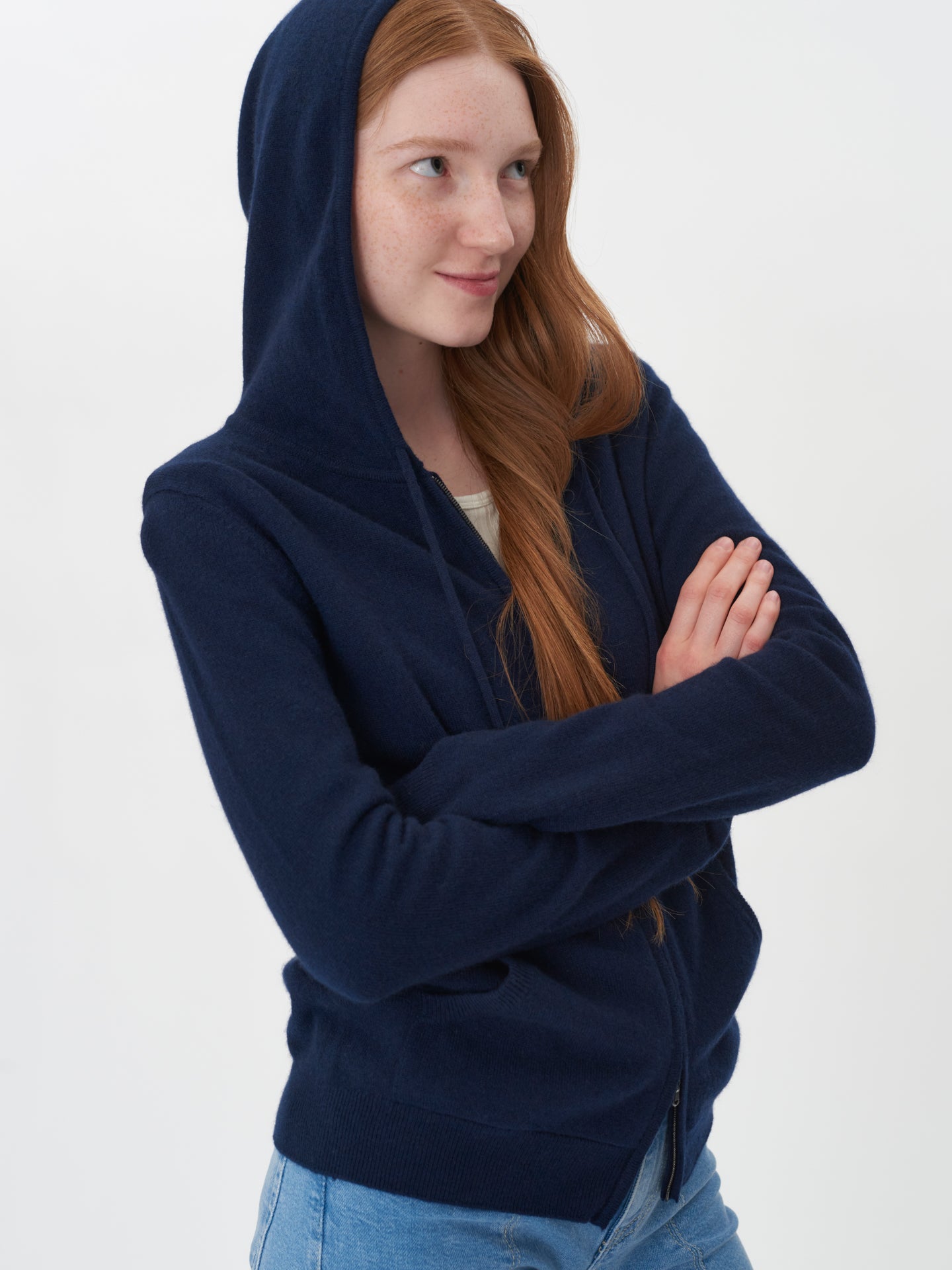 Women's Cashmere Full-Zip Hoodie Navy - Gobi Cashmere