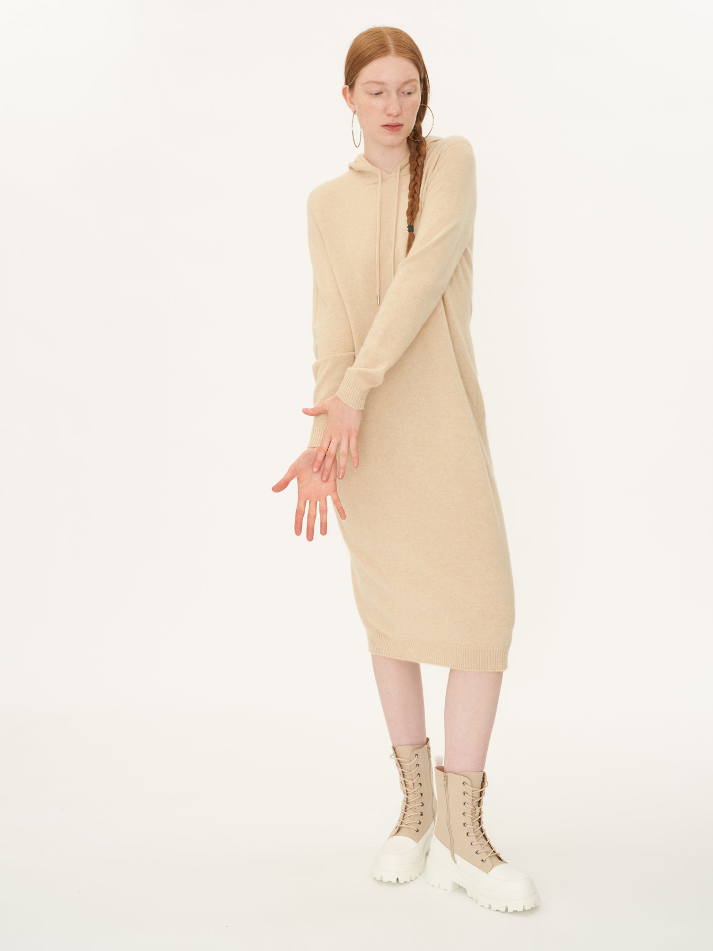 Women's Cashmere Hooded Midi Dress Beige - Gobi Cashmere