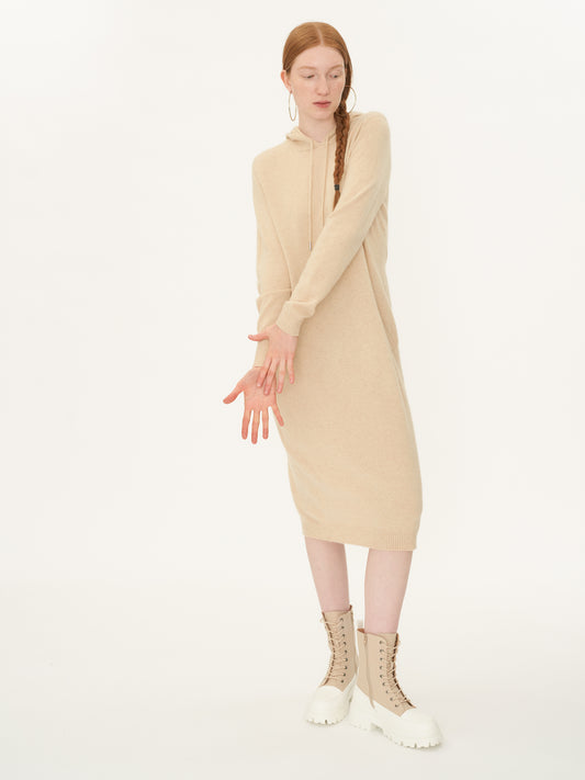 Women's Cashmere Hooded Midi Dress Beige - Gobi Cashmere
