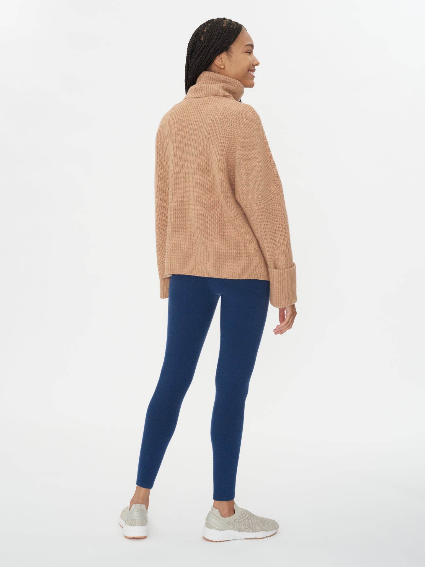 Women's Cashmere Tuck Knit Turtle Neck Light Camel - Gobi Cashmere