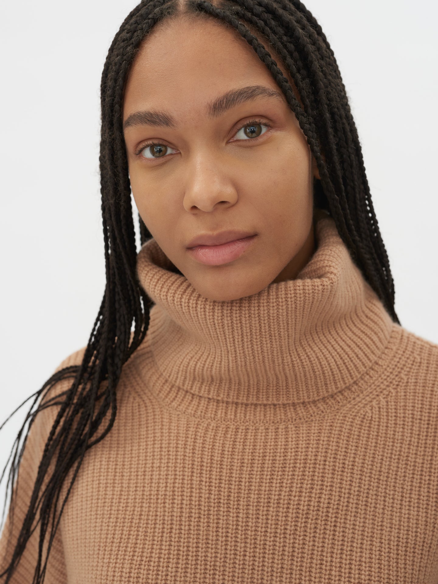 Women's Cashmere Tuck Knit Turtle Neck Light Camel - Gobi Cashmere