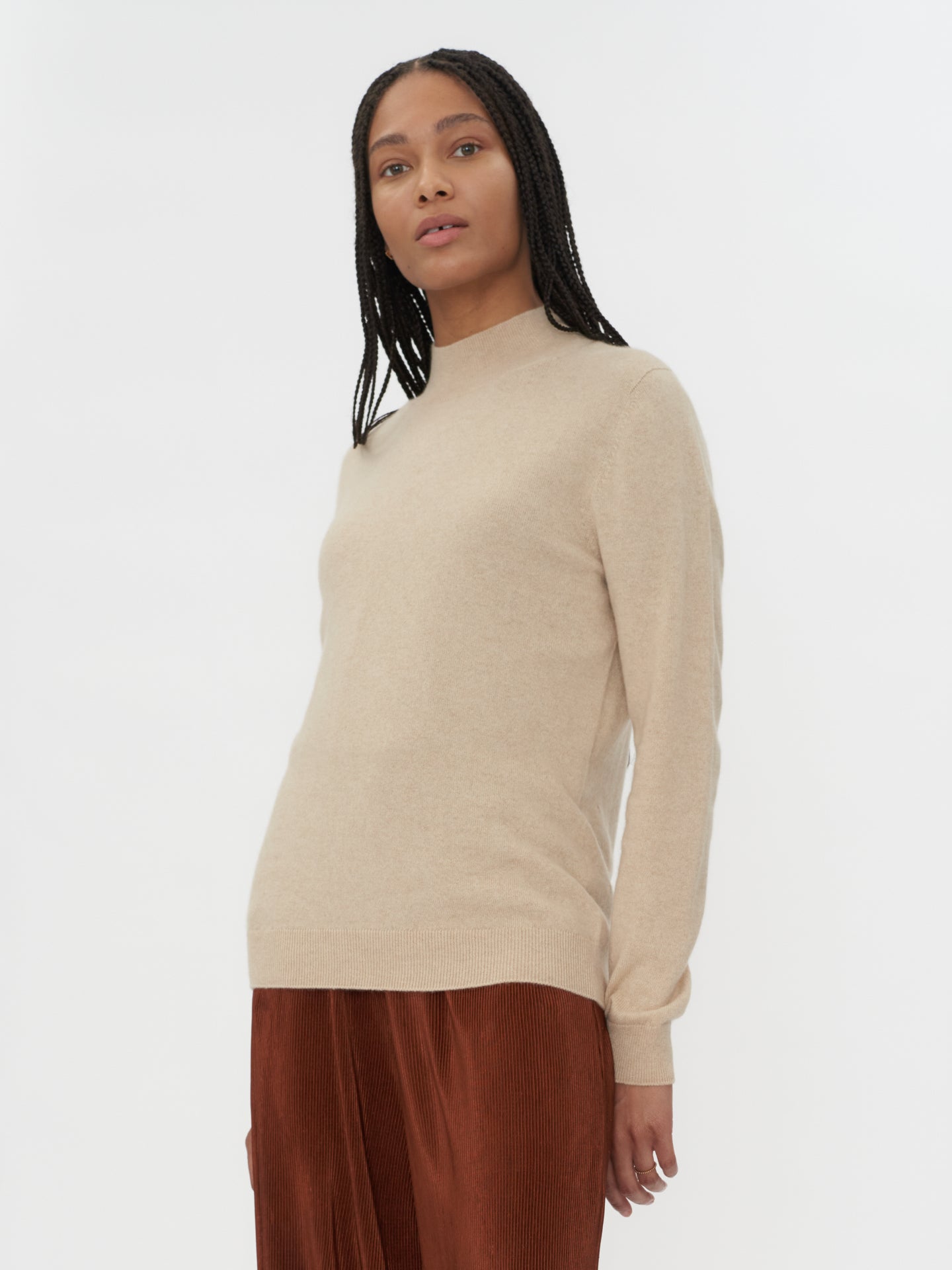 Women's Cashmere Mock Neck Sweater Beige - Gobi Cashmere